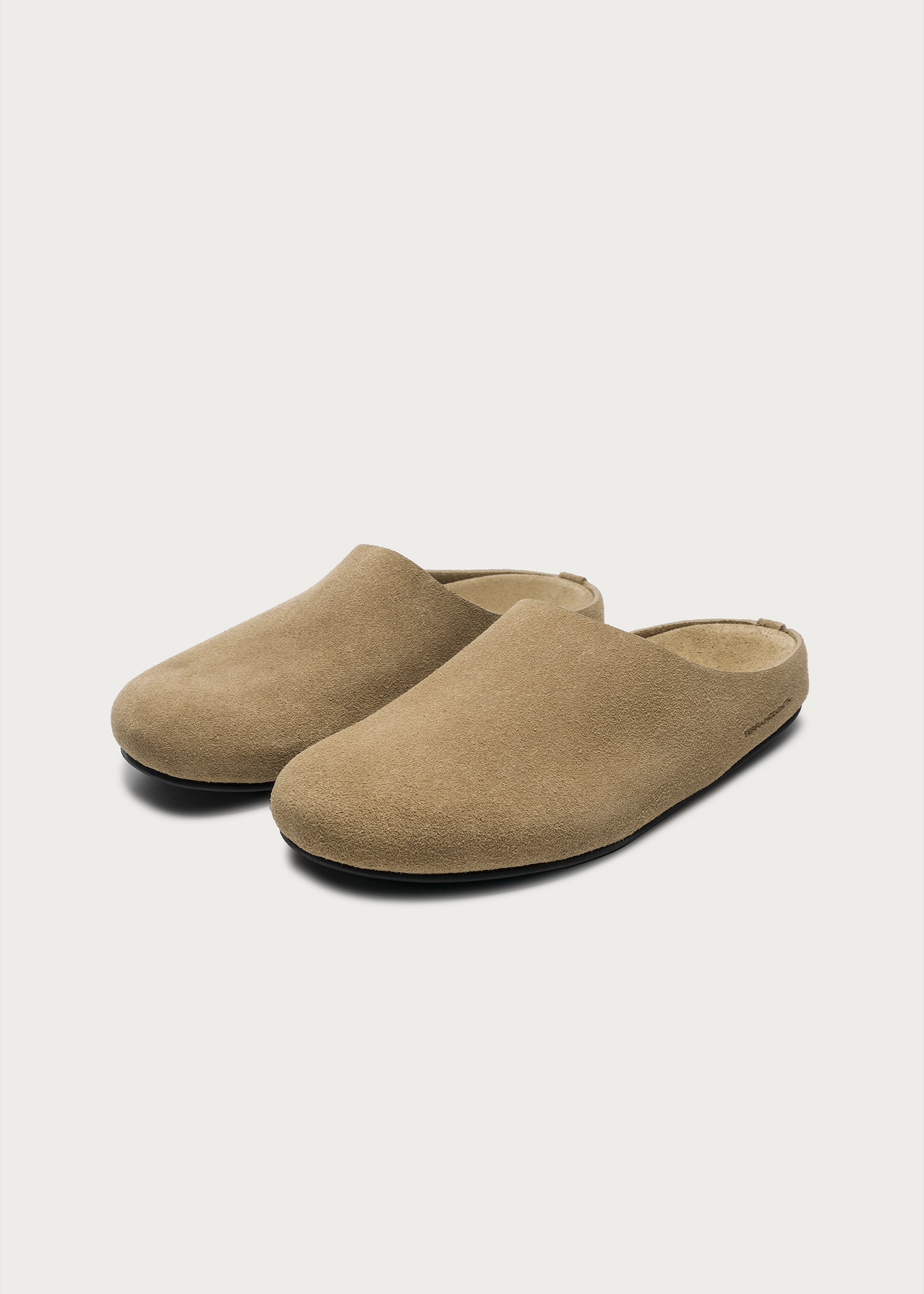 Khaki suede clogs open-back detail