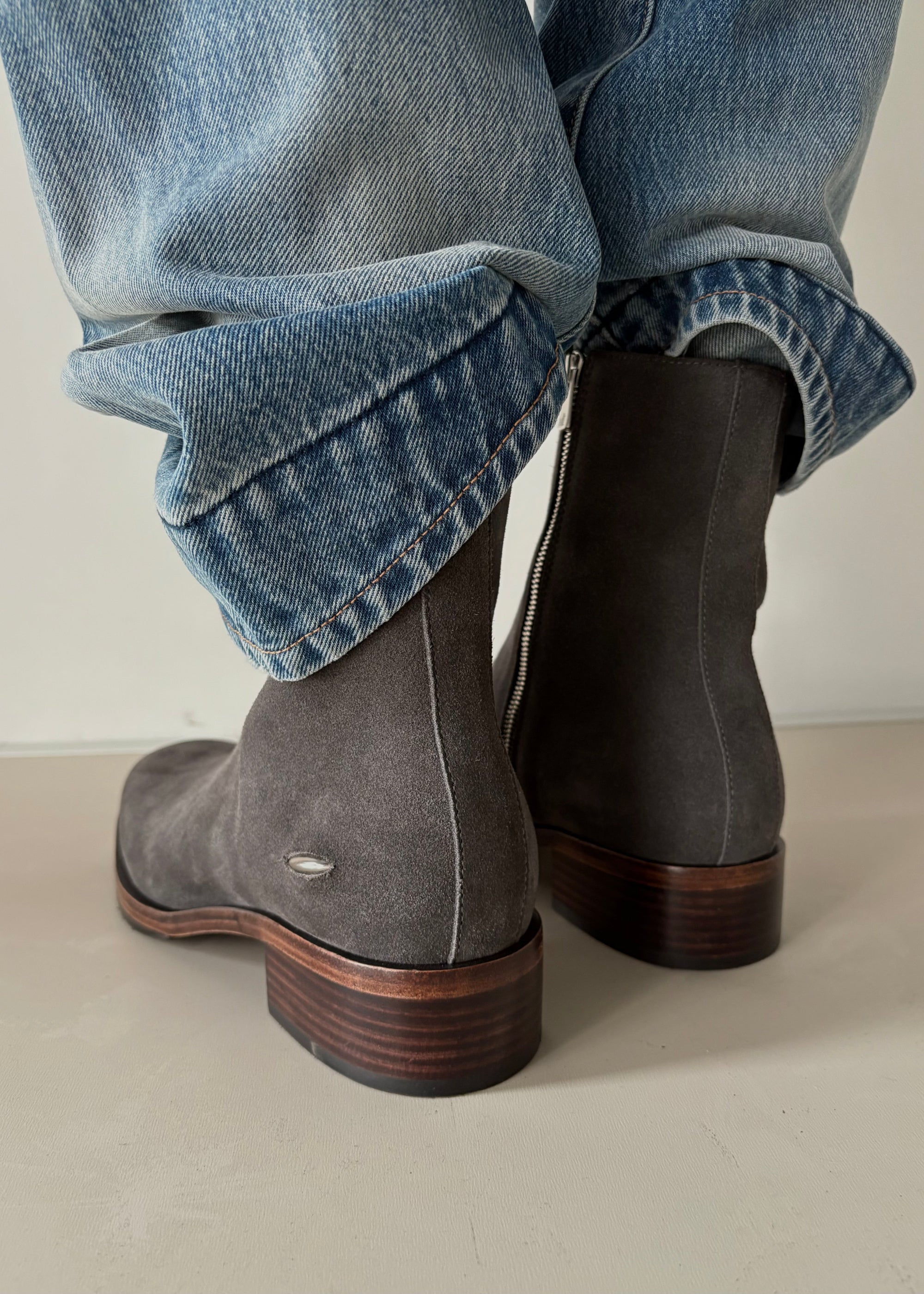 Gray suede ankle boots side profile