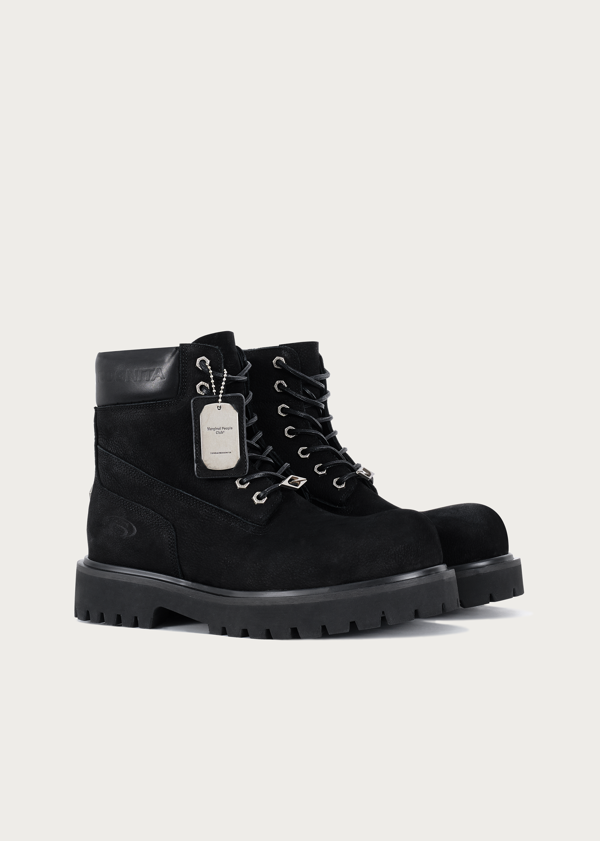 Black cowhide workwear boots angled view