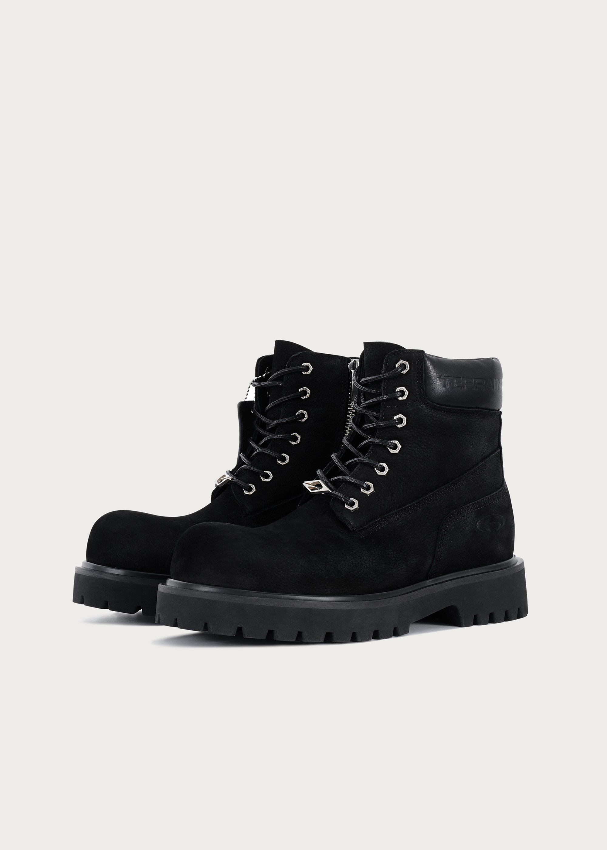 Black workwear boots leather upper detail