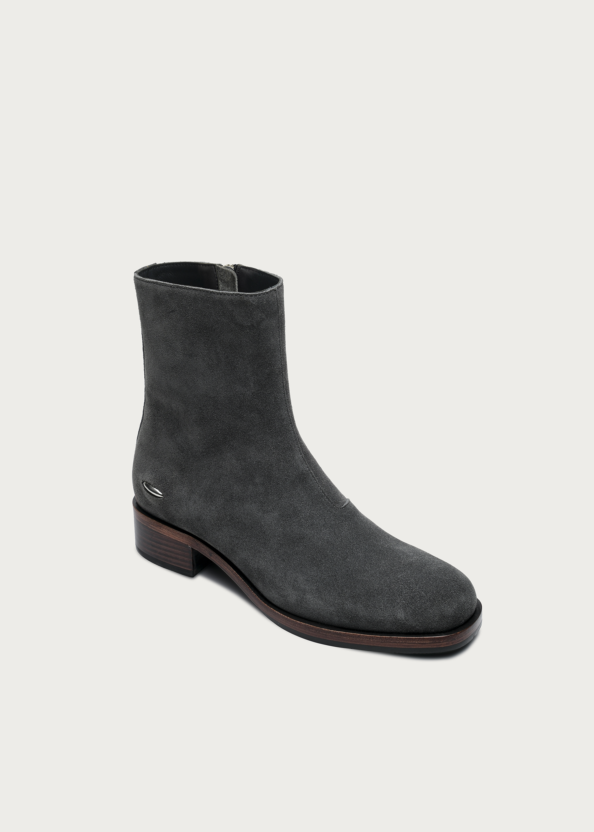 Gray suede ankle boots angled view