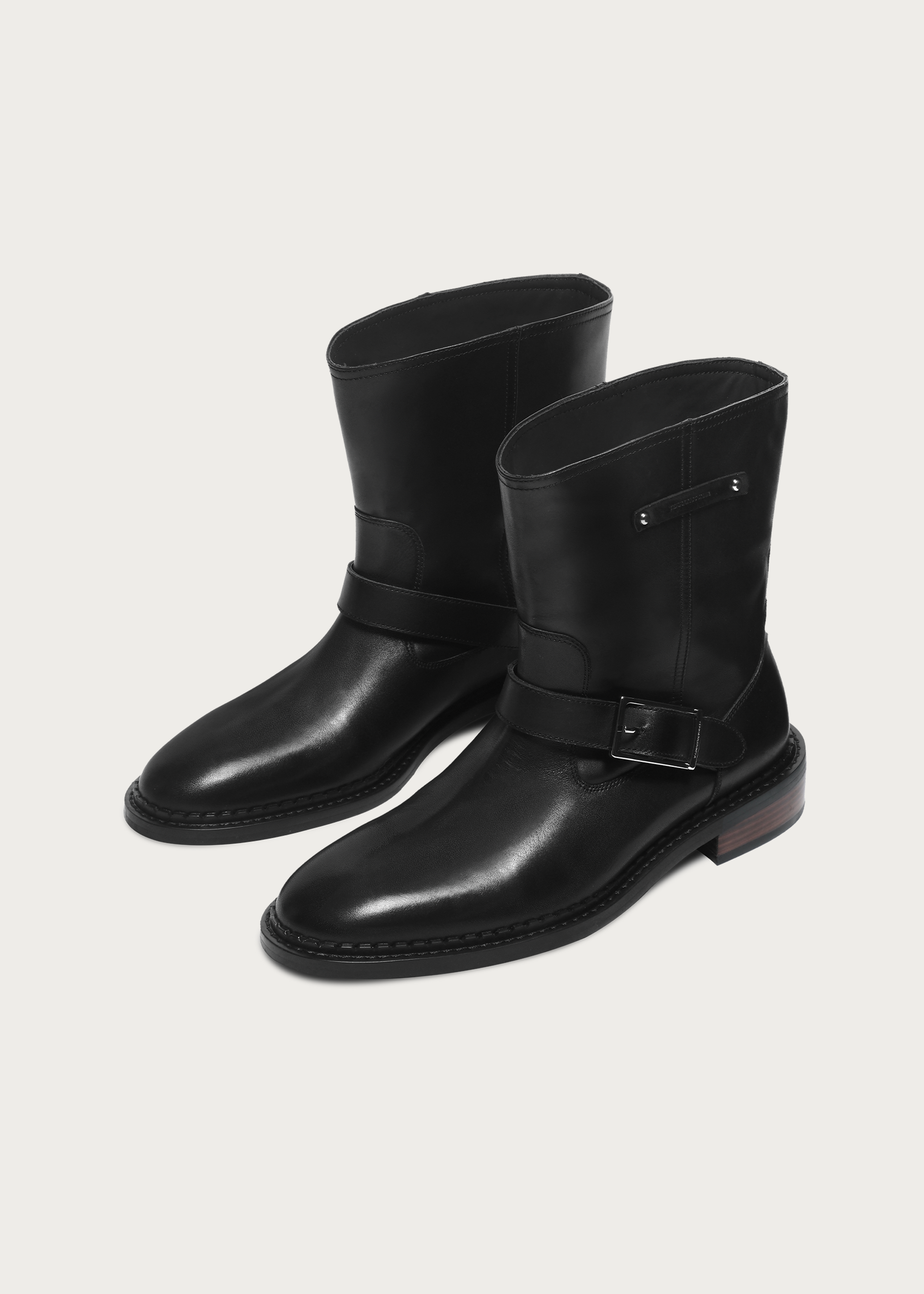 Wood-Grain Heel Ankle Boots Black