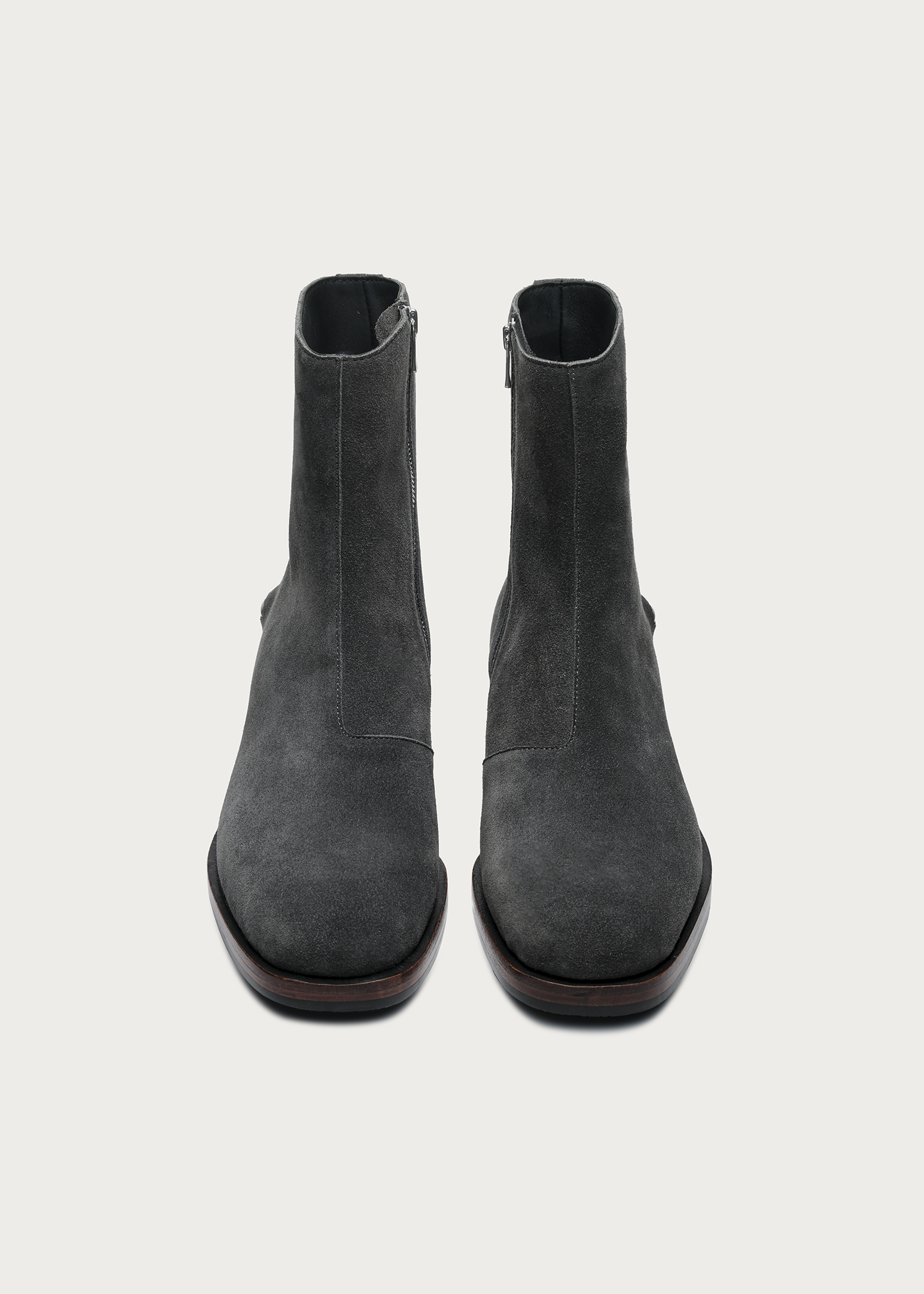 Gray suede ankle boots zipper detail