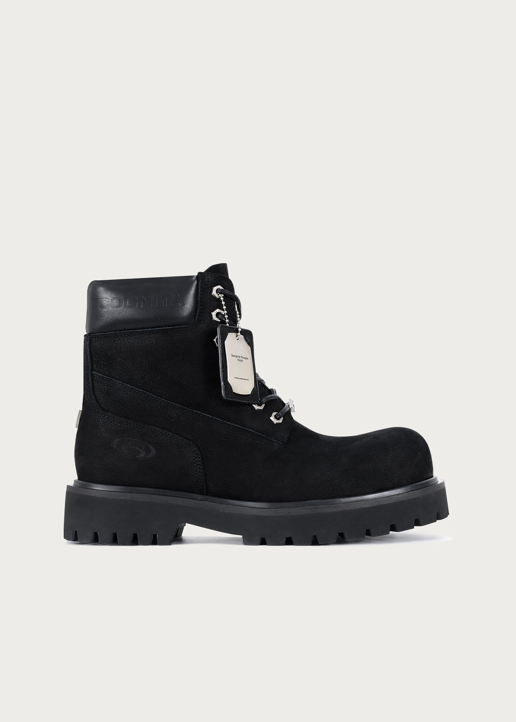 Black cowhide workwear boots texture detail