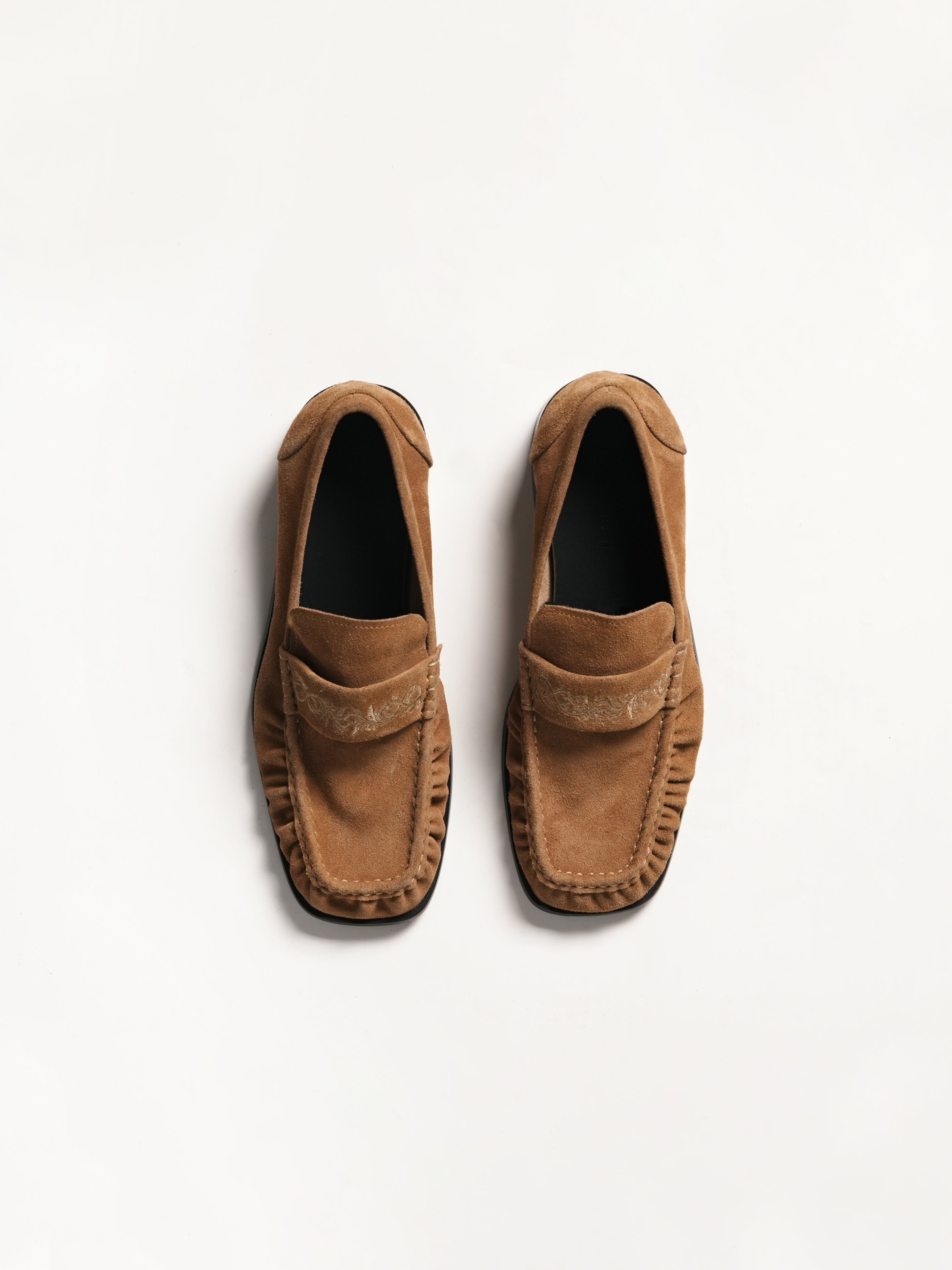 Square-Toe Vine-Engraved Loafers Khaki Brown