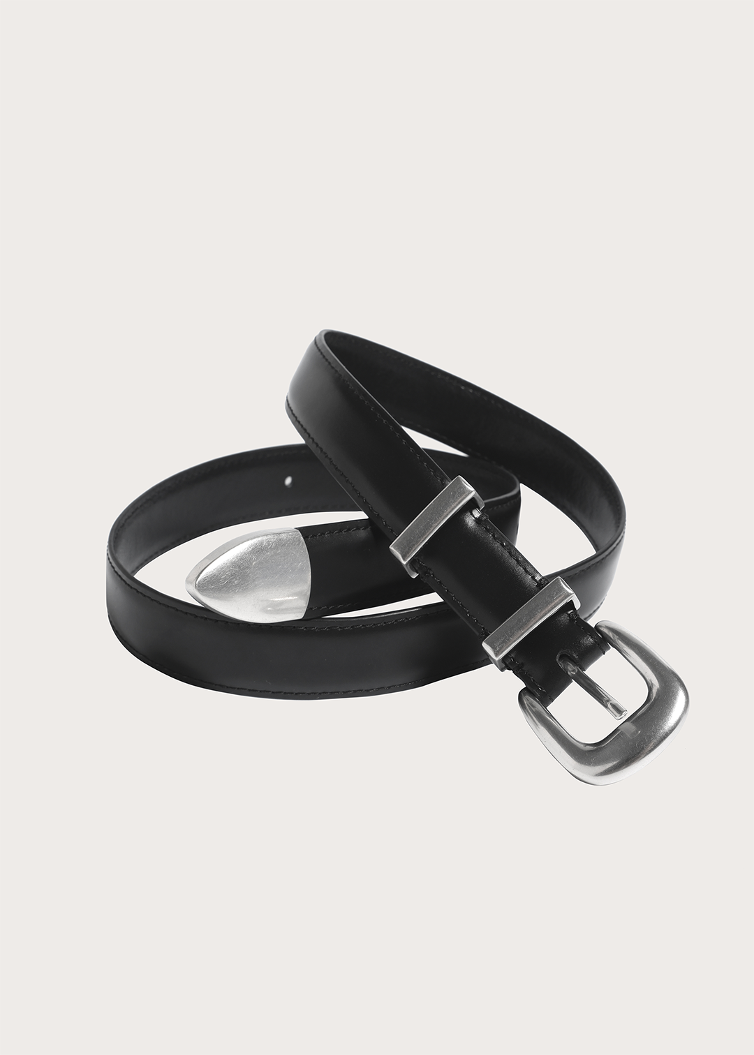 Top-Grain Cowhide Narrow Belt with Silver Buckle Black